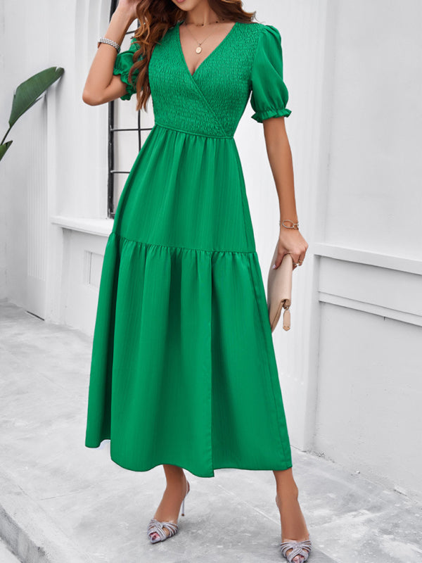 New spring and summer solid color temperament V-neck short-sleeved long skirt