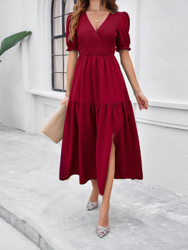 New spring and summer solid color temperament V-neck short-sleeved long skirt