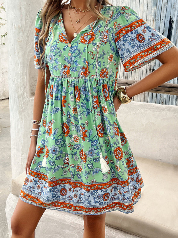 Spring and summer casual holiday printed short-sleeved dress