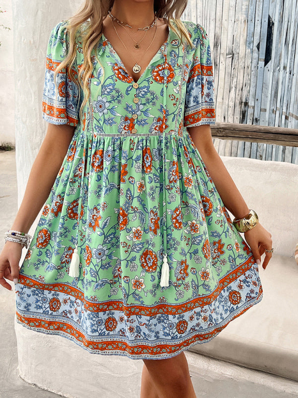 Spring and summer casual holiday printed short-sleeved dress