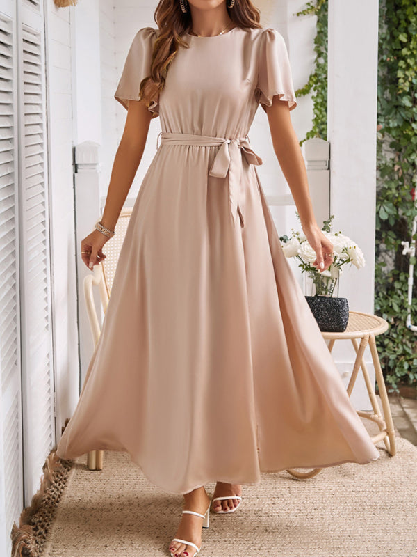 New style solid color lace-up slit dress