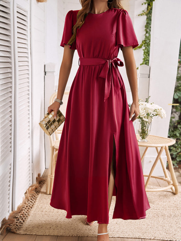 New style solid color lace-up slit dress