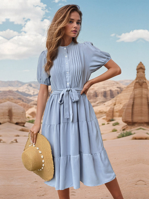 Women's Stand Collar Pleated Short Sleeve Commuting Lace Up Midi Dress