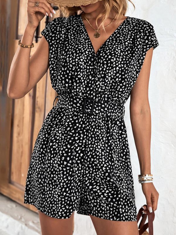 New leopard print jumpsuit v-neck commuter shorts jumpsuit