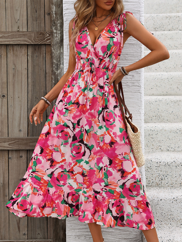 New Sleeveless Sweet Belted V-Neck Printed Dress