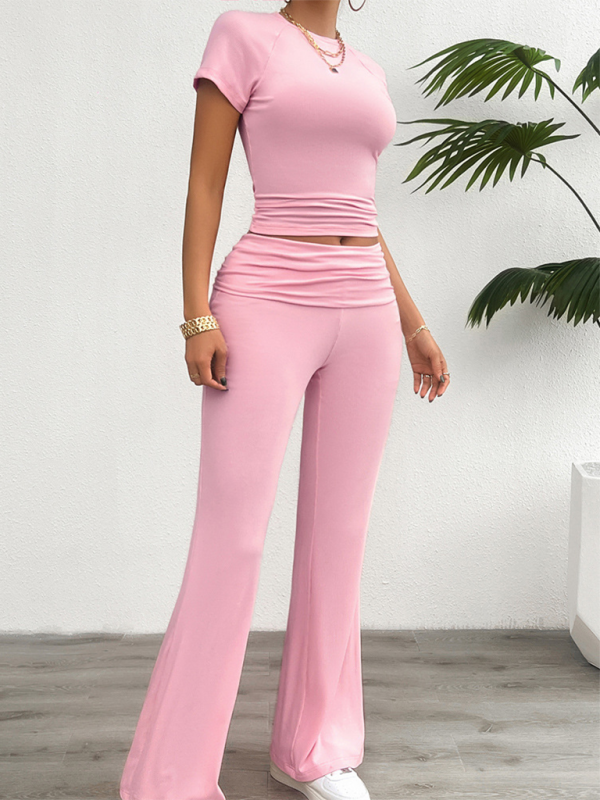 Spring/Summer Casual Solid Color Slim Fit Short Sleeve Long Pants Suit