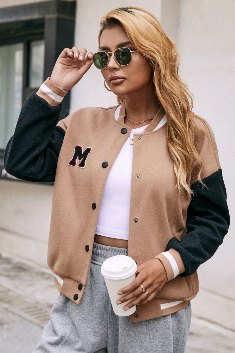 Ivy Lane Contrast Baseball Collar Snap Down Jacket - Outerwear