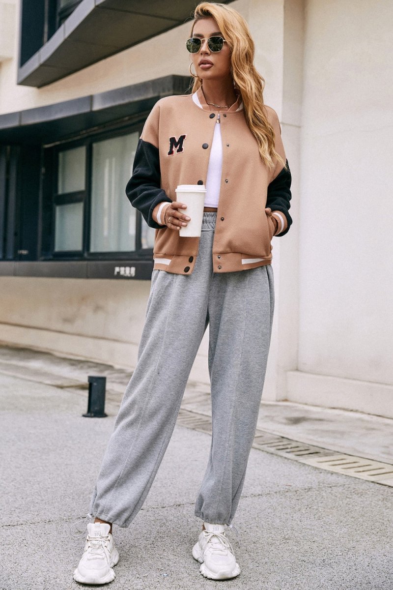 Ivy Lane Contrast Baseball Collar Snap Down Jacket - Outerwear