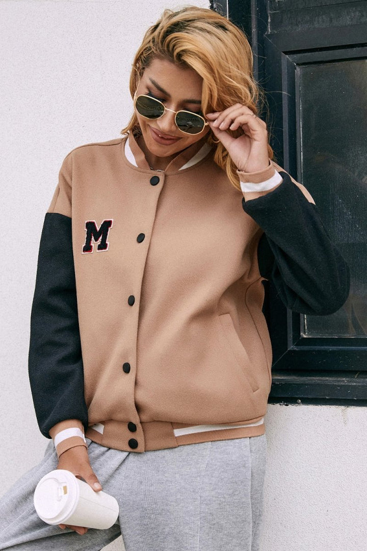 Ivy Lane Contrast Baseball Collar Snap Down Jacket - Outerwear