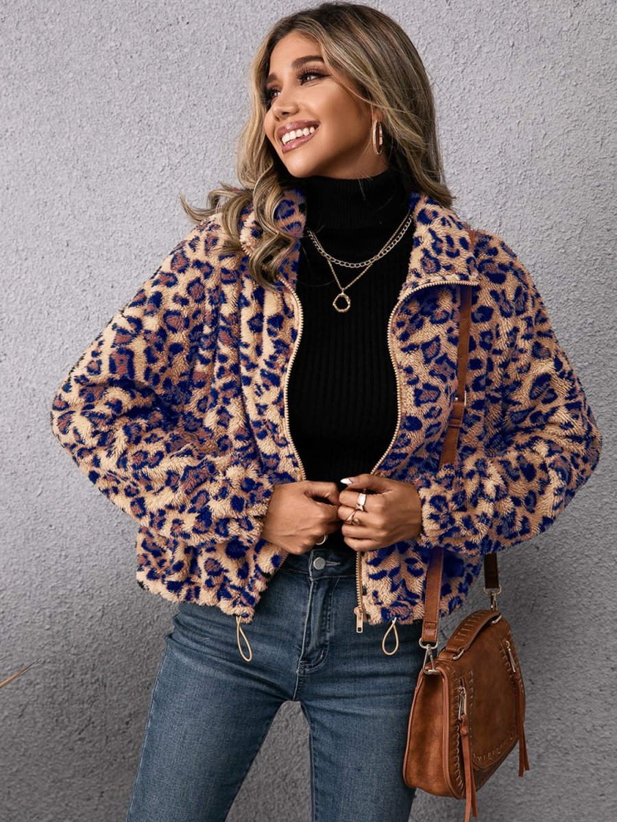 Ivy Lane Drawstring Leopard Zip Up Jacket - Outerwear