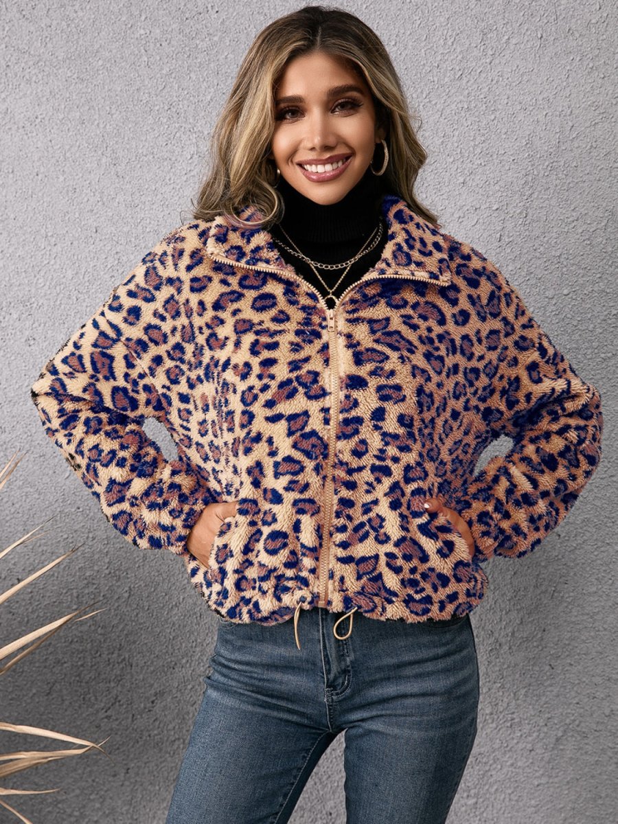 Ivy Lane Drawstring Leopard Zip Up Jacket - Outerwear