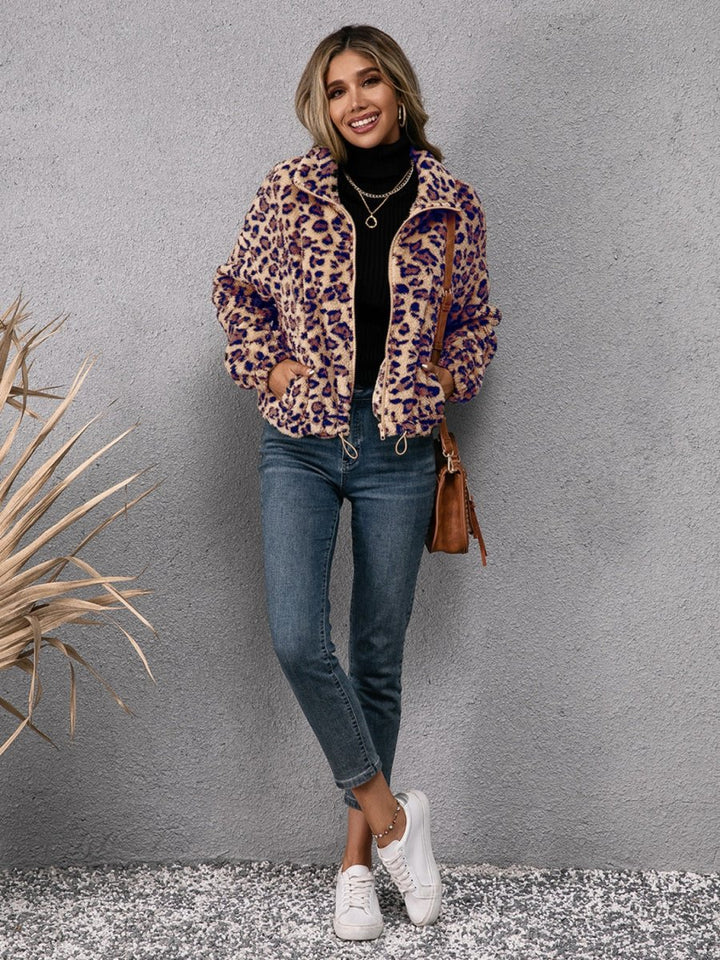 Ivy Lane Drawstring Leopard Zip Up Jacket - Outerwear