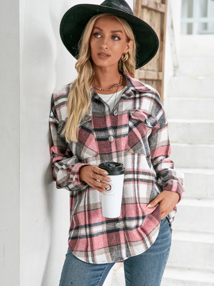 Ivy Lane Meet You Outside Plaid Button Down Curved Hem Shacket - Outerwear