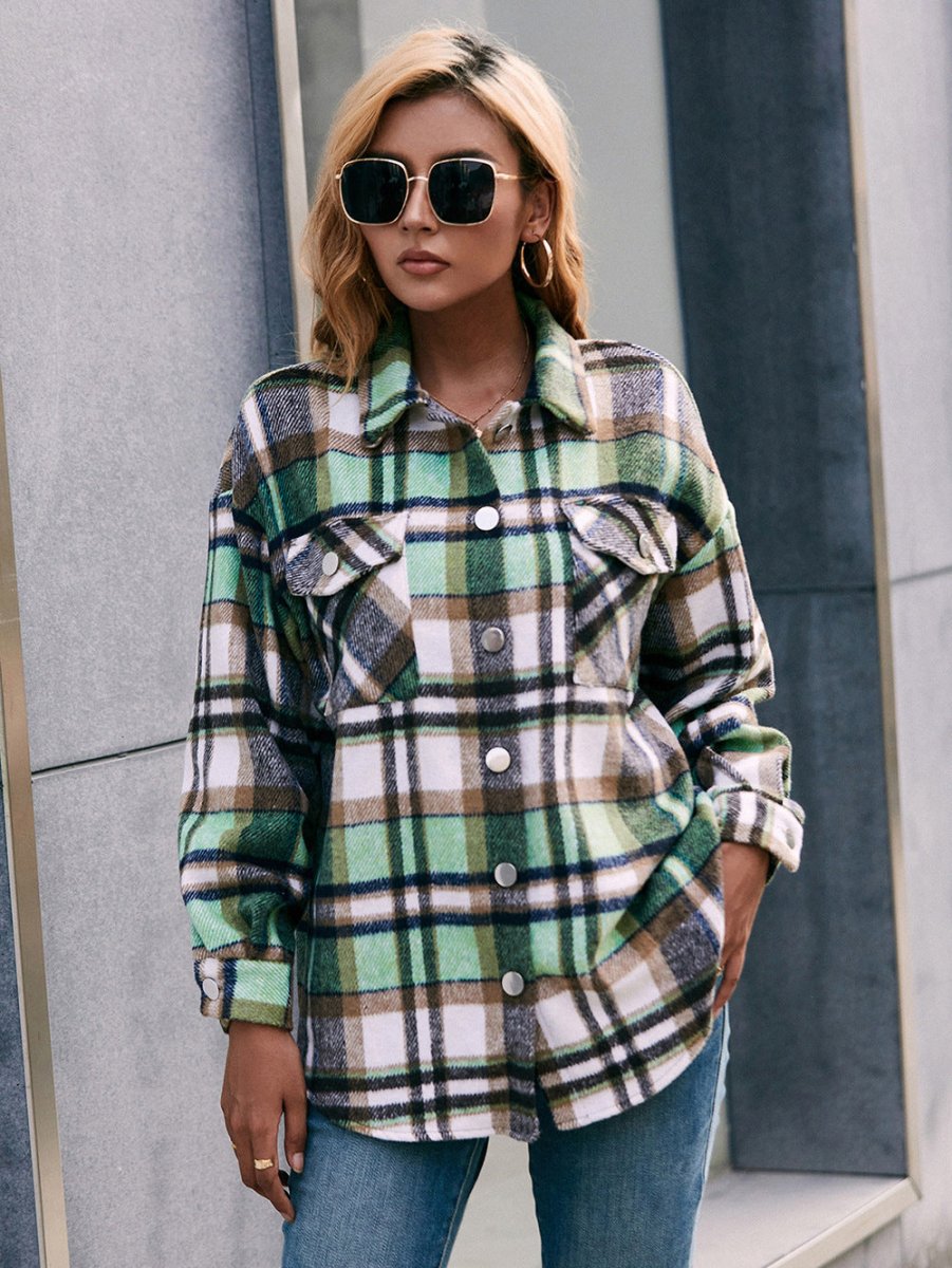 Ivy Lane Meet You Outside Plaid Button Down Curved Hem Shacket - Outerwear