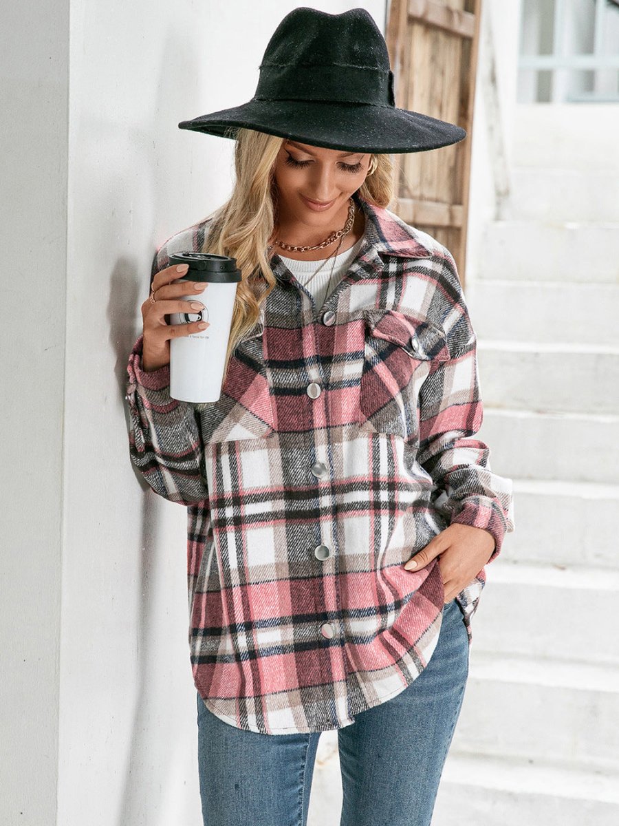 Ivy Lane Meet You Outside Plaid Button Down Curved Hem Shacket - Outerwear