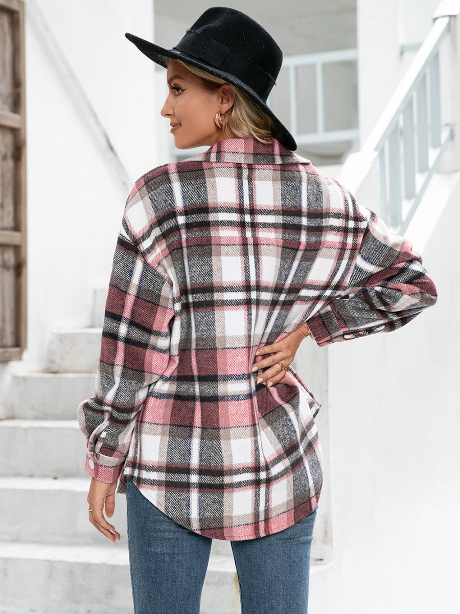 Ivy Lane Meet You Outside Plaid Button Down Curved Hem Shacket - Outerwear