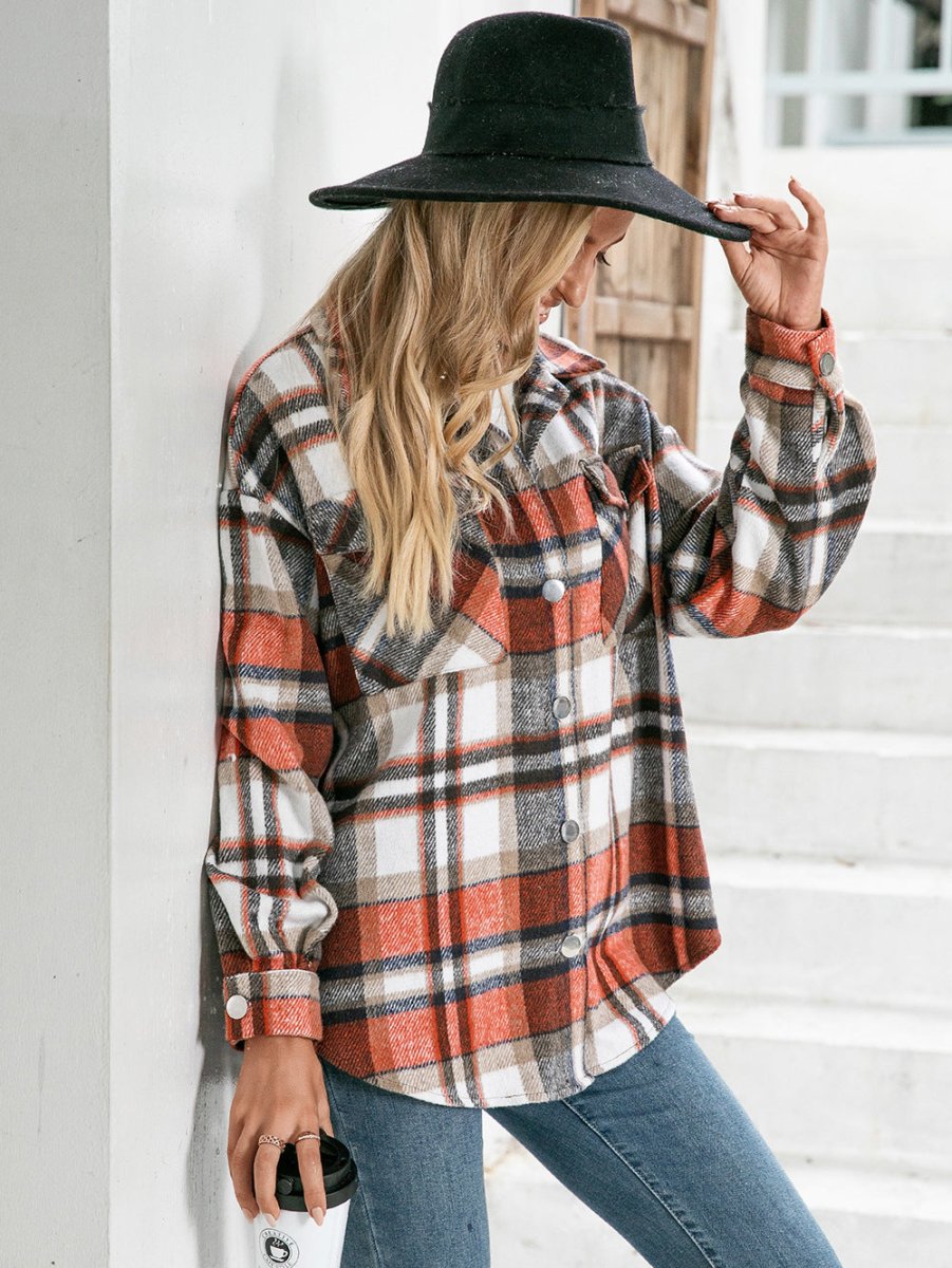 Ivy Lane Meet You Outside Plaid Button Down Curved Hem Shacket - Outerwear