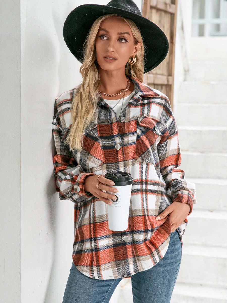 Ivy Lane Meet You Outside Plaid Button Down Curved Hem Shacket - Outerwear