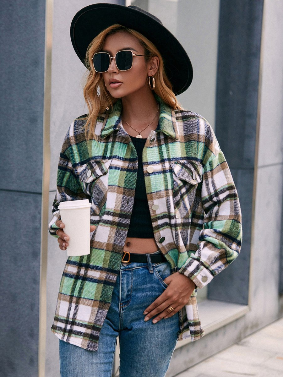 Ivy Lane Meet You Outside Plaid Button Down Curved Hem Shacket - Outerwear