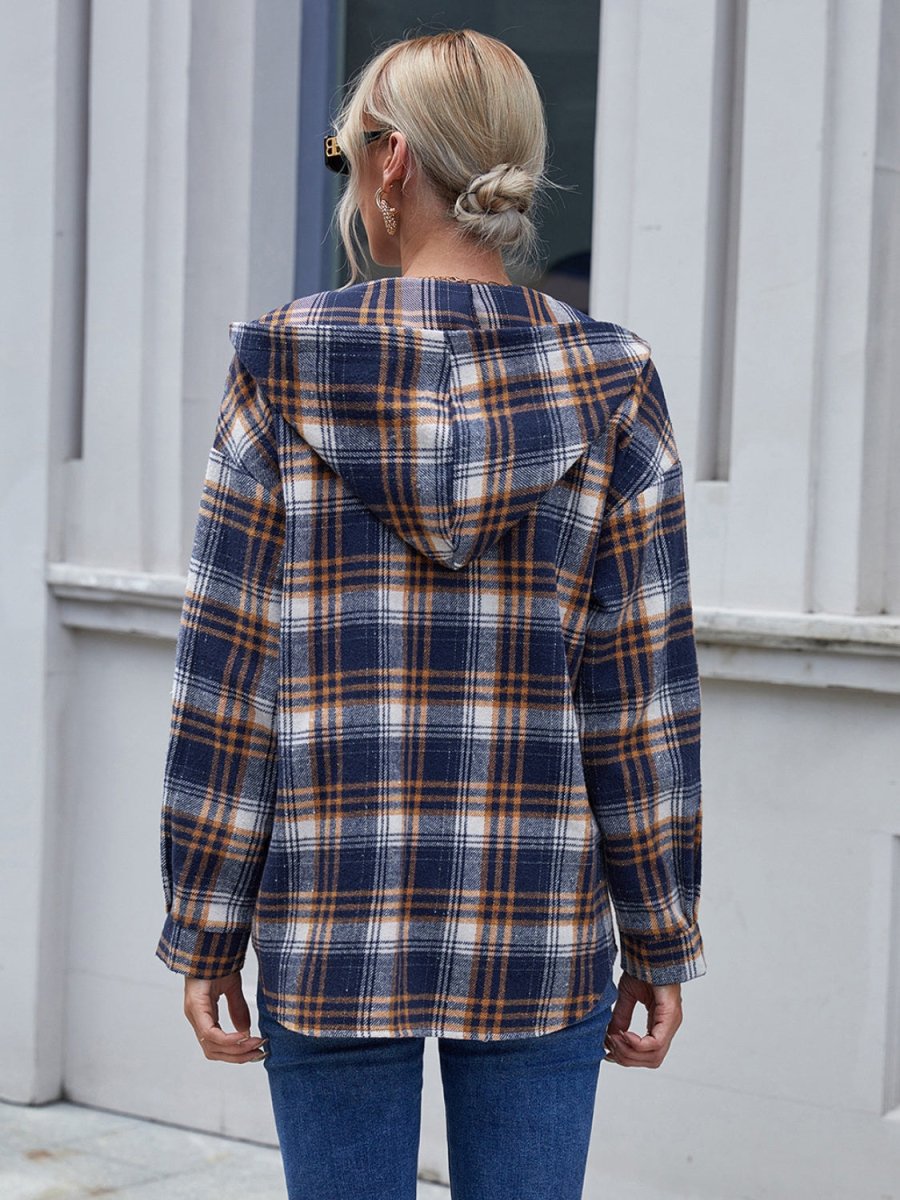 Ivy Lane Plaid Button Up Long Sleeve Hooded Jacket - Outerwear