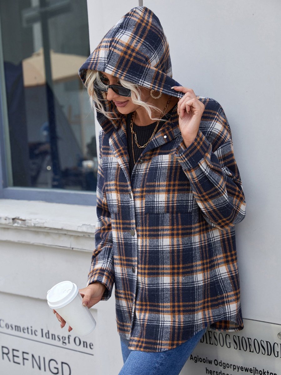 Ivy Lane Plaid Button Up Long Sleeve Hooded Jacket - Outerwear
