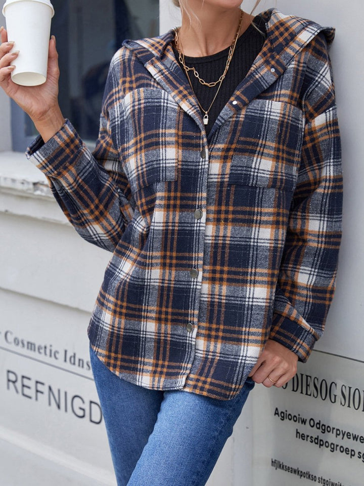 Ivy Lane Plaid Button Up Long Sleeve Hooded Jacket - Outerwear