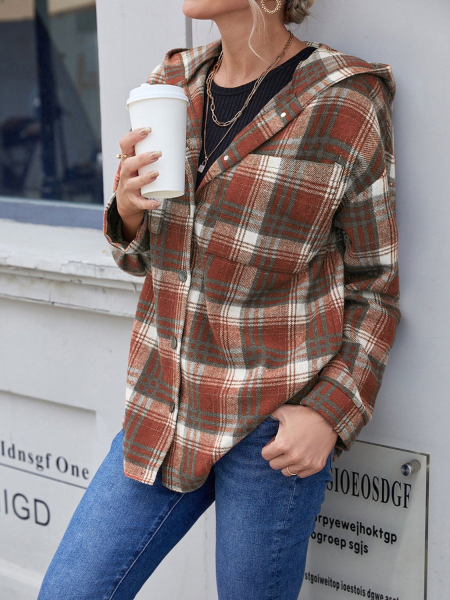 Ivy Lane Plaid Button Up Long Sleeve Hooded Jacket - Outerwear