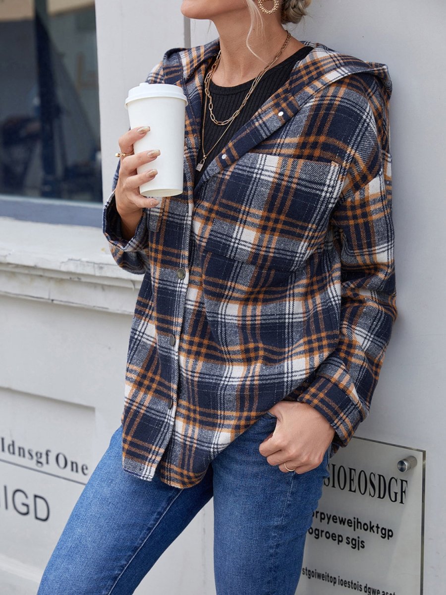 Ivy Lane Plaid Button Up Long Sleeve Hooded Jacket - Outerwear
