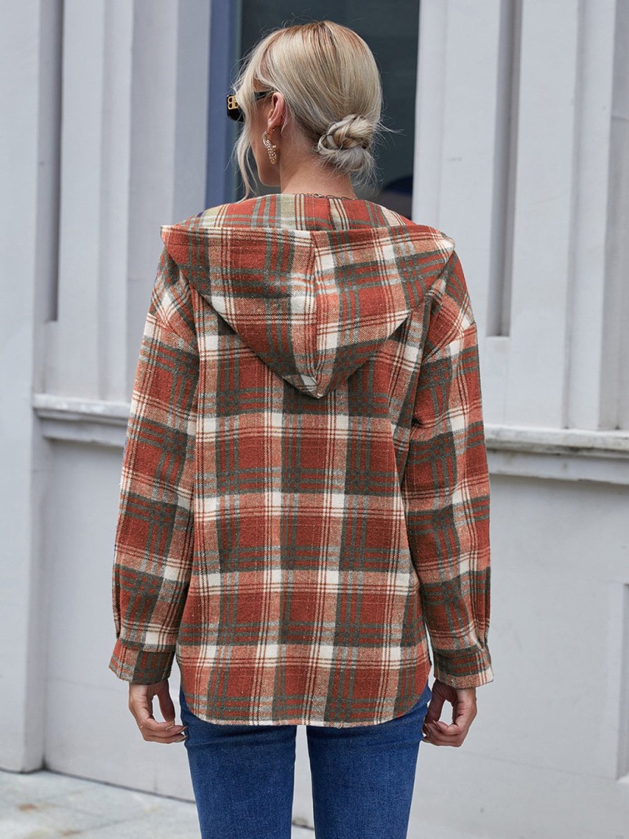 Ivy Lane Plaid Button Up Long Sleeve Hooded Jacket - Outerwear