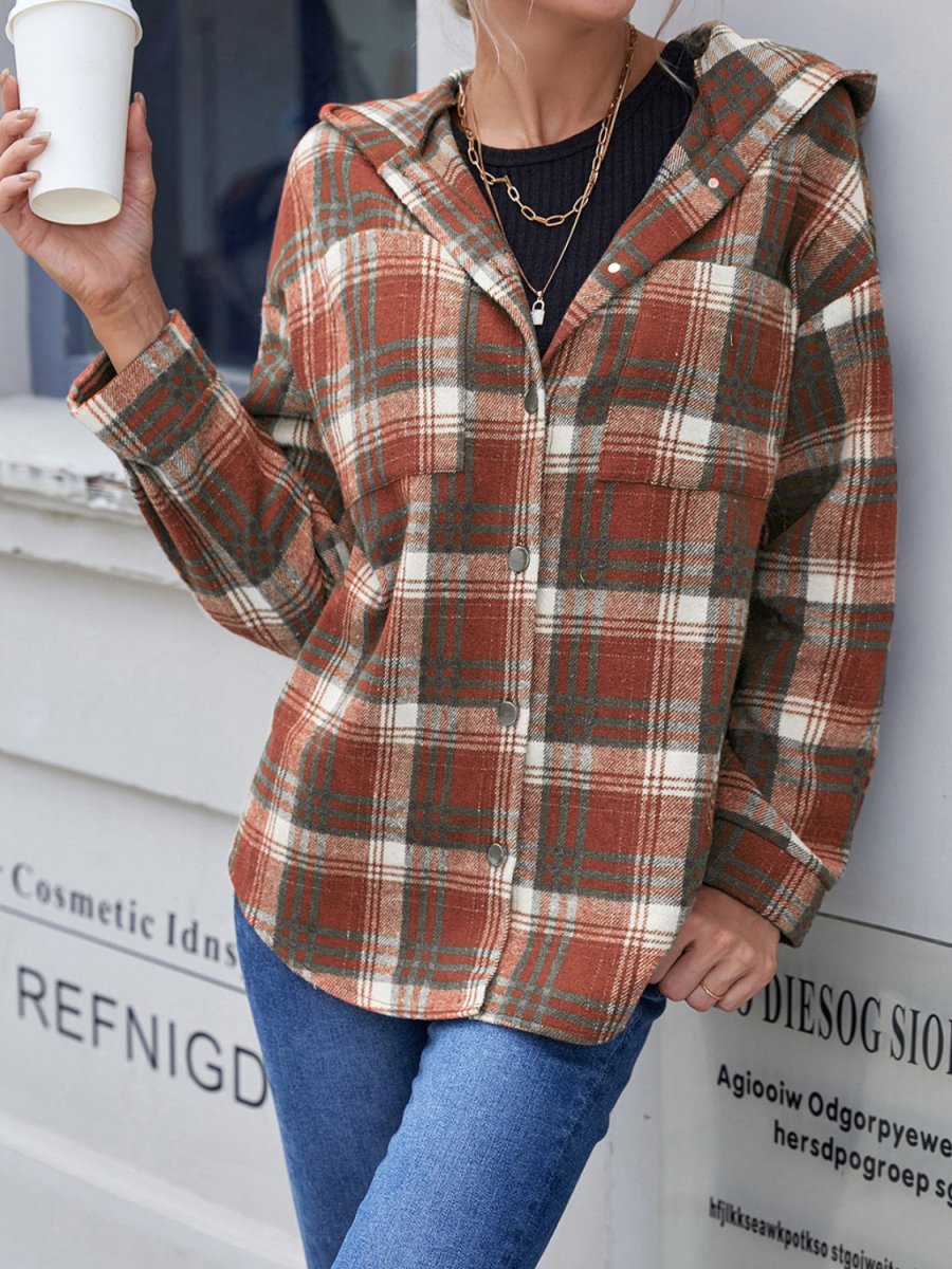 Ivy Lane Plaid Button Up Long Sleeve Hooded Jacket - Outerwear