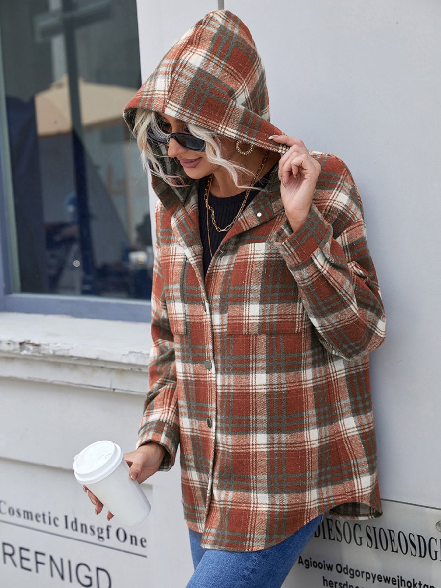 Ivy Lane Plaid Button Up Long Sleeve Hooded Jacket - Outerwear