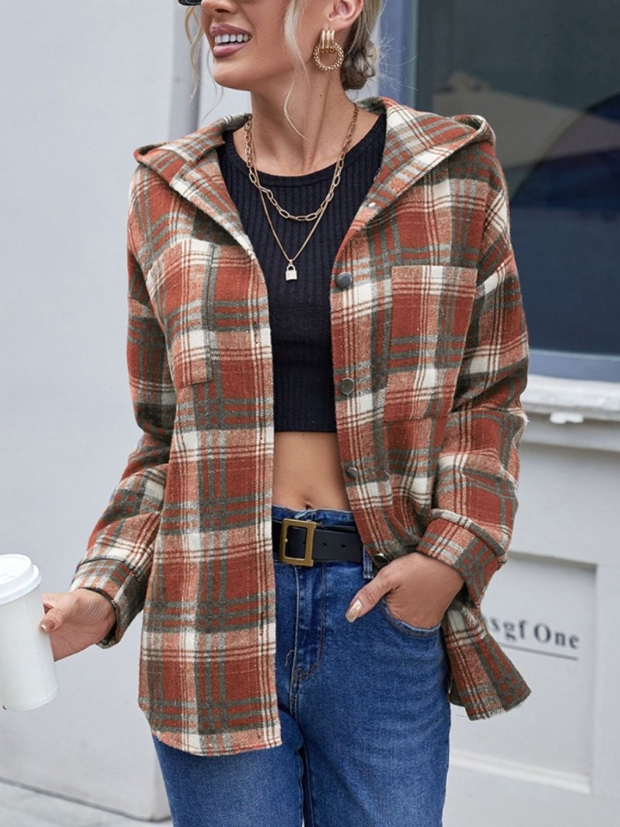 Ivy Lane Plaid Button Up Long Sleeve Hooded Jacket - Outerwear