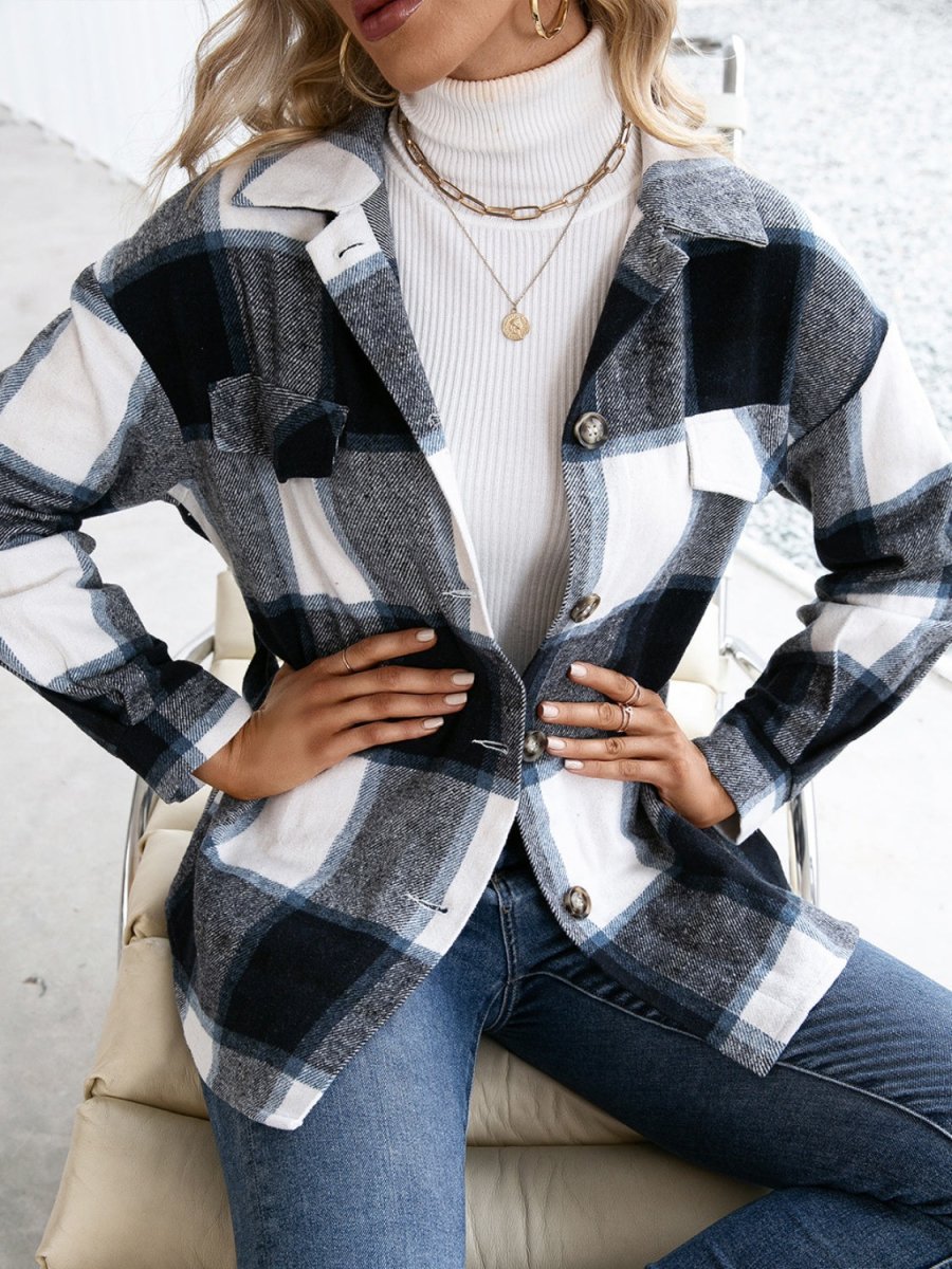 Ivy Lane Plaid Button Up Long Sleeve Shacket - Outerwear