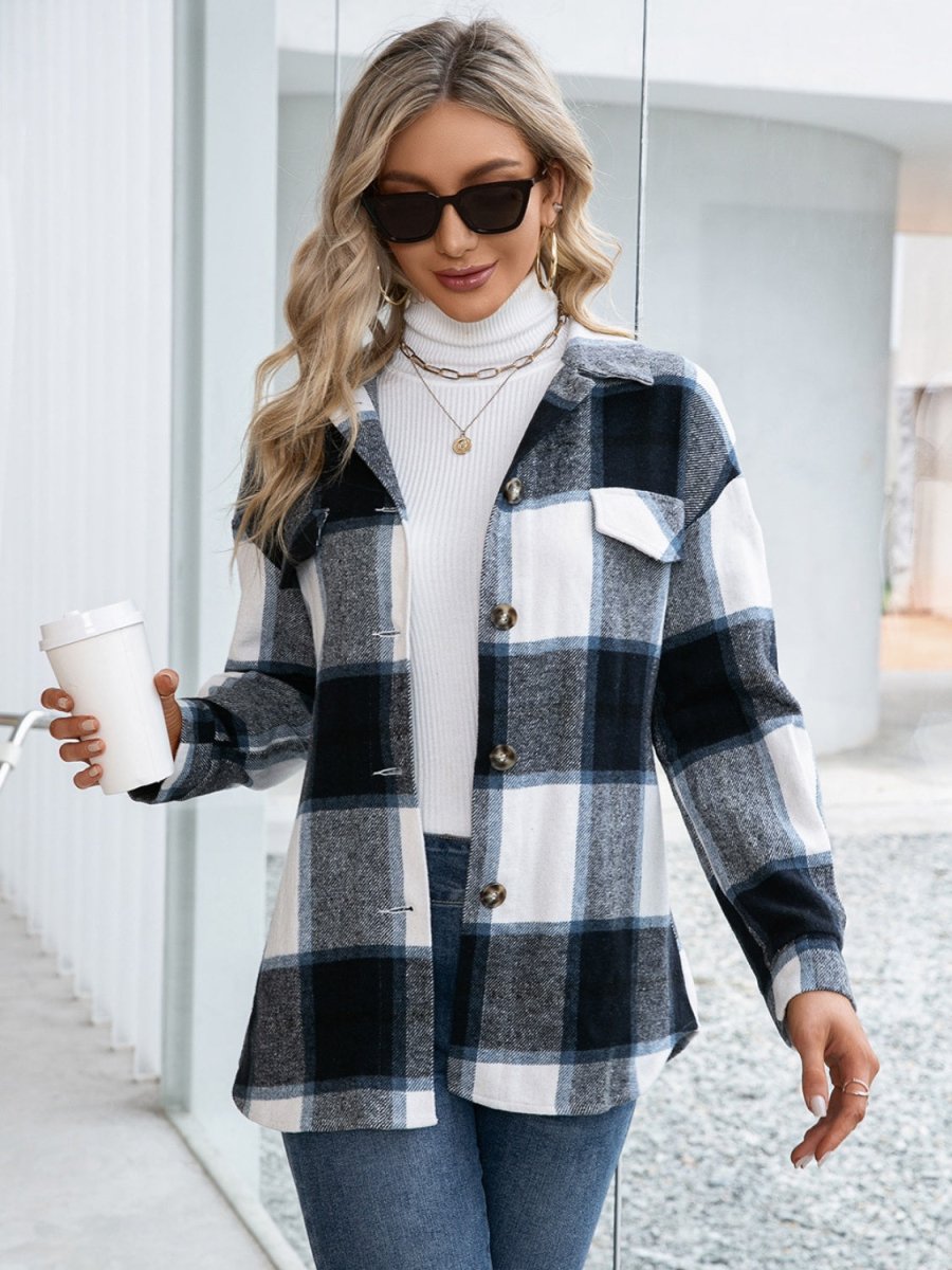 Ivy Lane Plaid Button Up Long Sleeve Shacket - Outerwear
