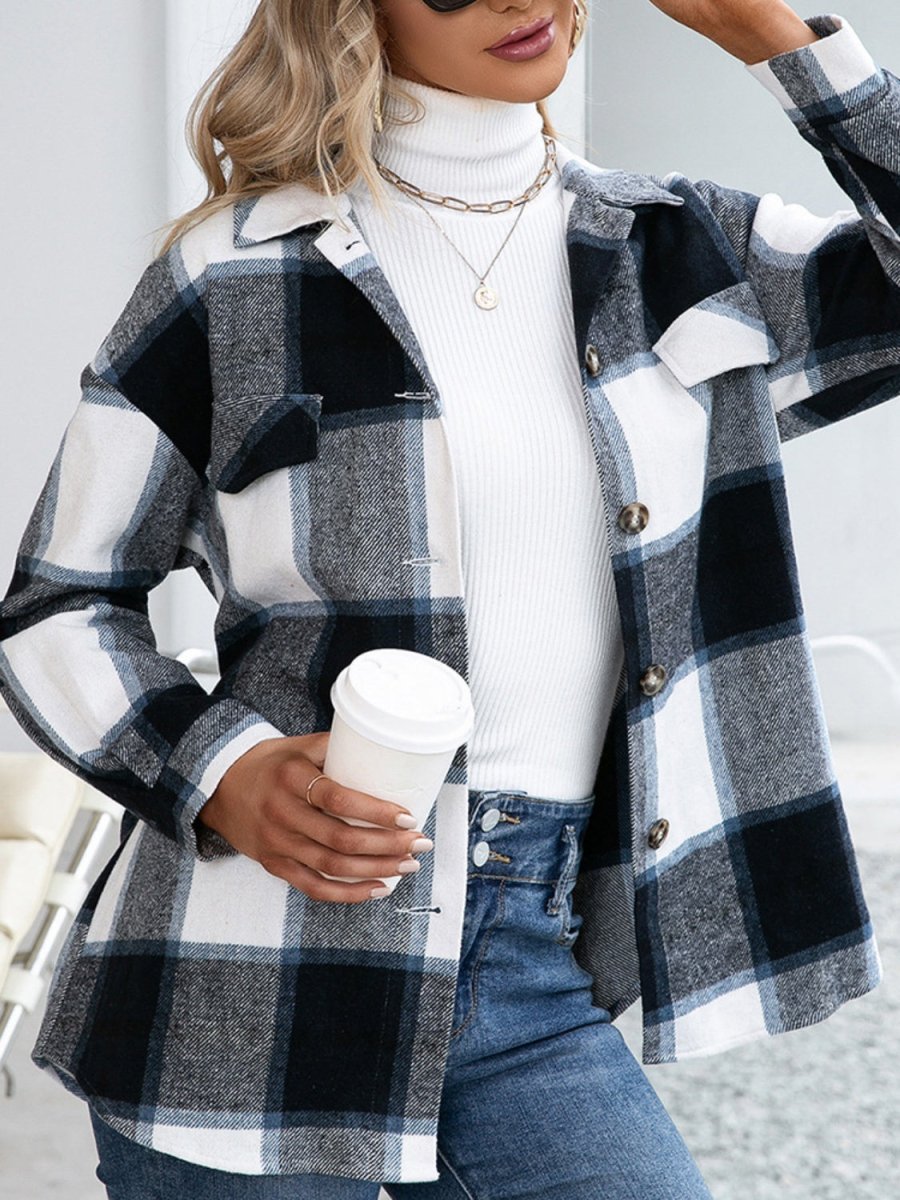 Ivy Lane Plaid Button Up Long Sleeve Shacket - Outerwear
