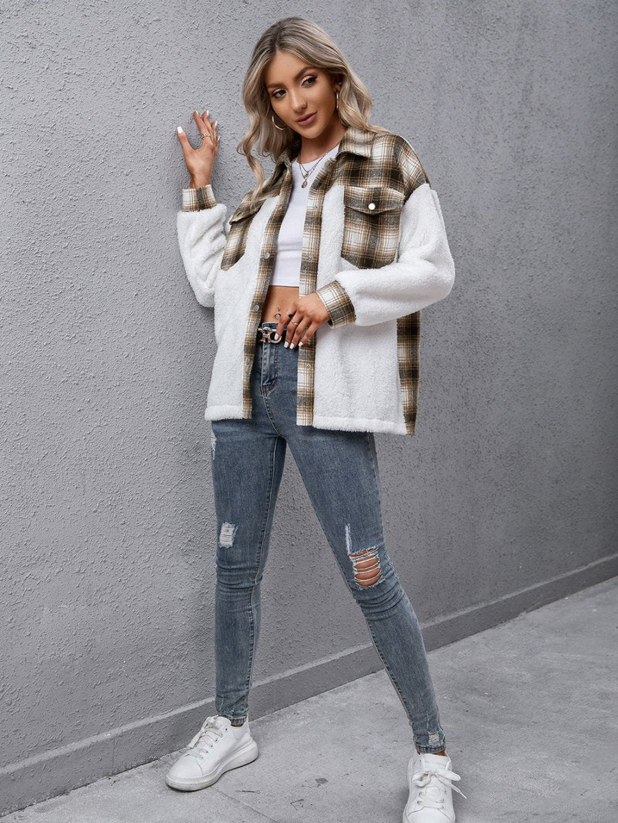 Ivy Lane Plaid Collared Neck Button Down Jacket - Outerwear