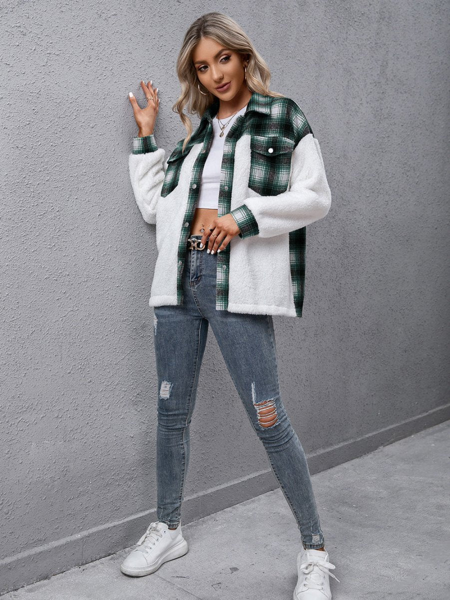 Ivy Lane Plaid Collared Neck Button Down Jacket - Outerwear