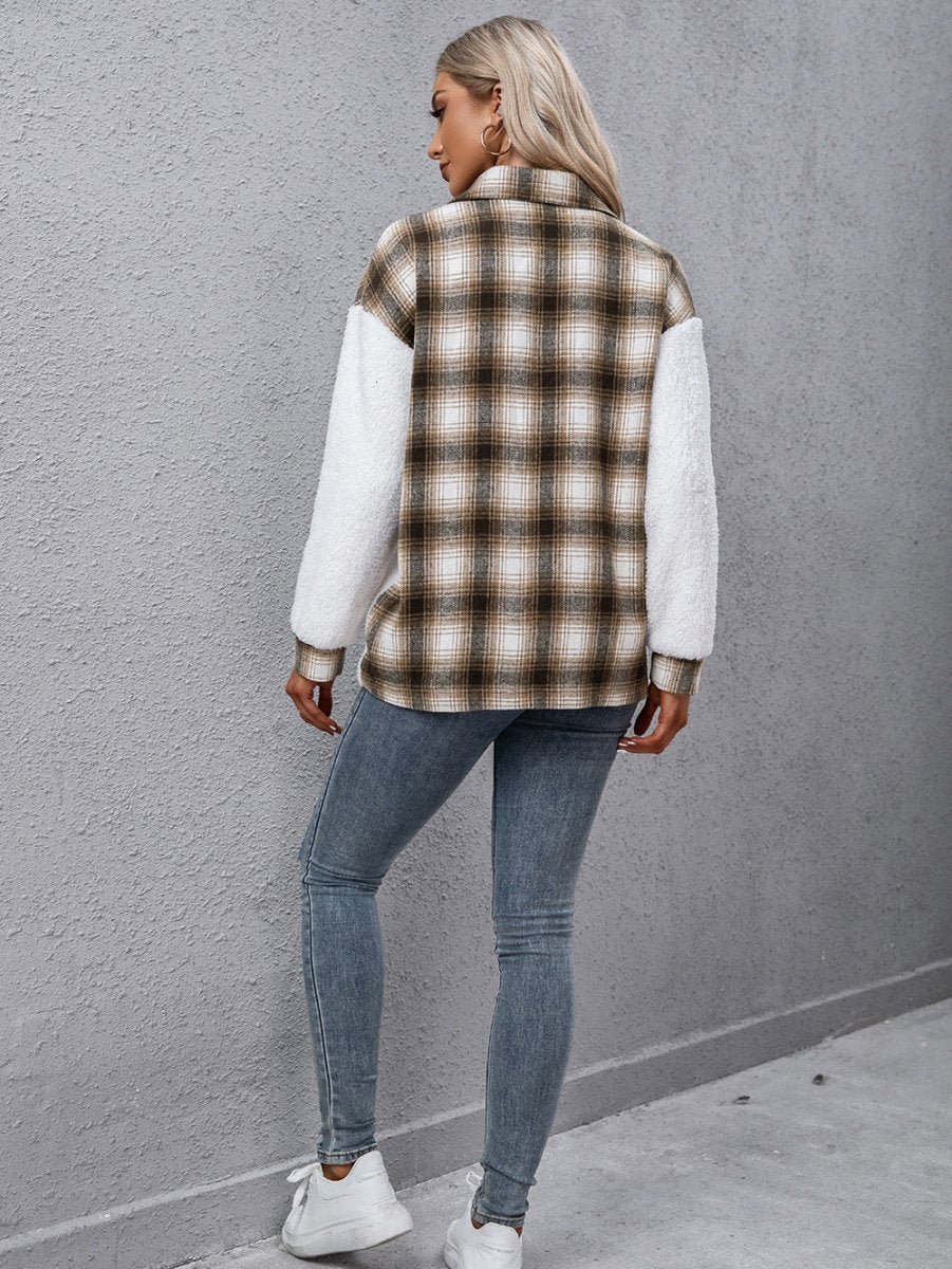 Ivy Lane Plaid Collared Neck Button Down Jacket - Outerwear