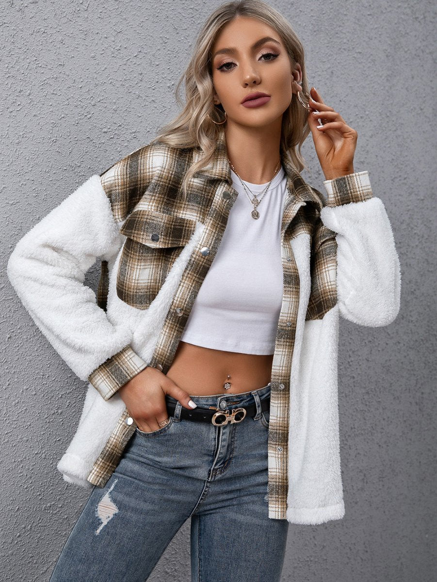 Ivy Lane Plaid Collared Neck Button Down Jacket - Outerwear