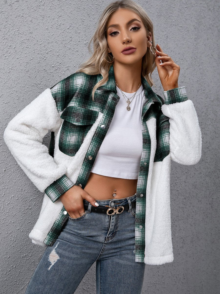 Ivy Lane Plaid Collared Neck Button Down Jacket - Outerwear