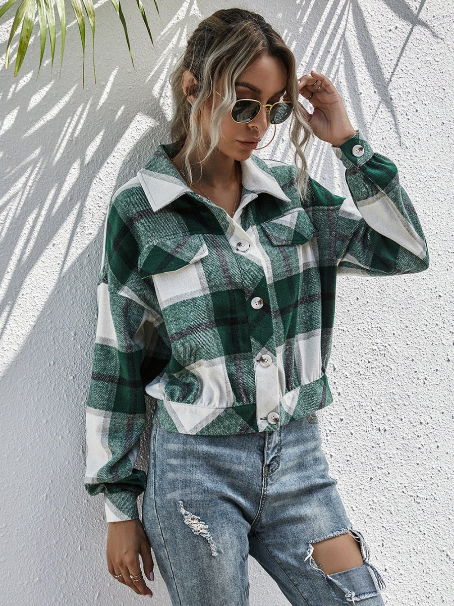 Ivy Lane Plaid Dropped Shoulder Shirt Jacket - Outerwear