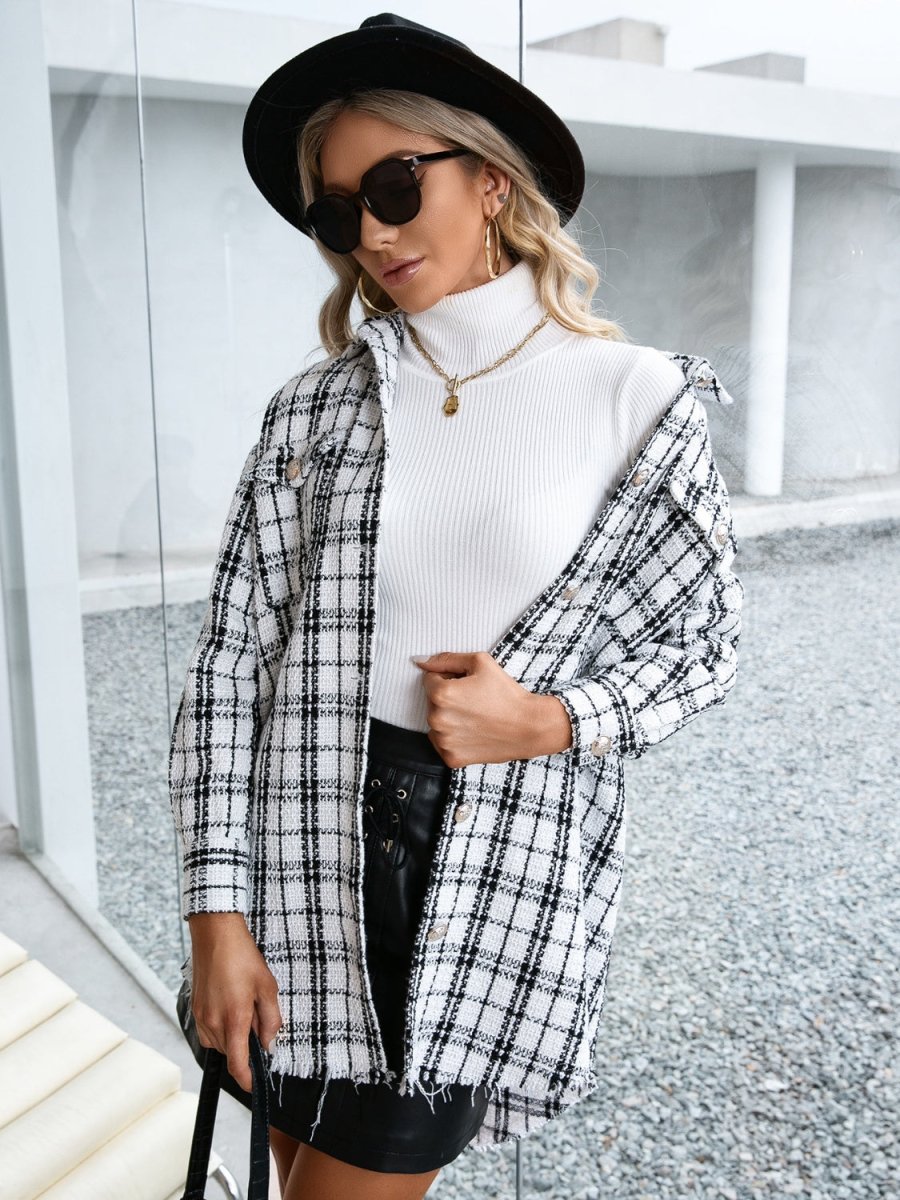 Ivy Lane Plaid Pocketed Button Up Dropped Shoulder Jacket - Outerwear