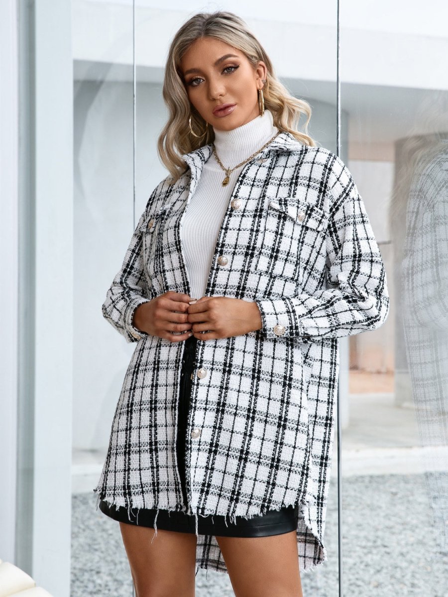 Ivy Lane Plaid Pocketed Button Up Dropped Shoulder Jacket - Outerwear