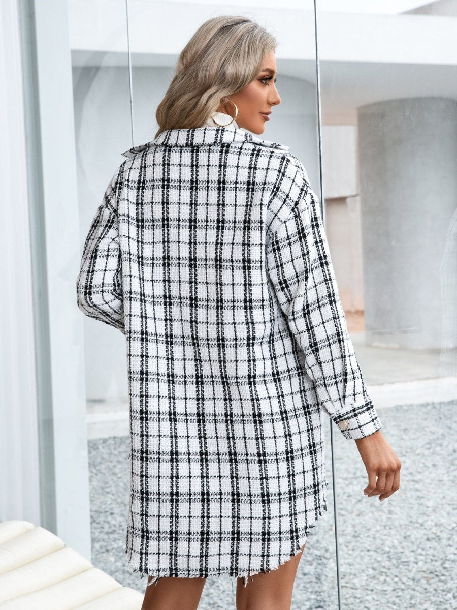 Ivy Lane Plaid Pocketed Button Up Dropped Shoulder Jacket - Outerwear