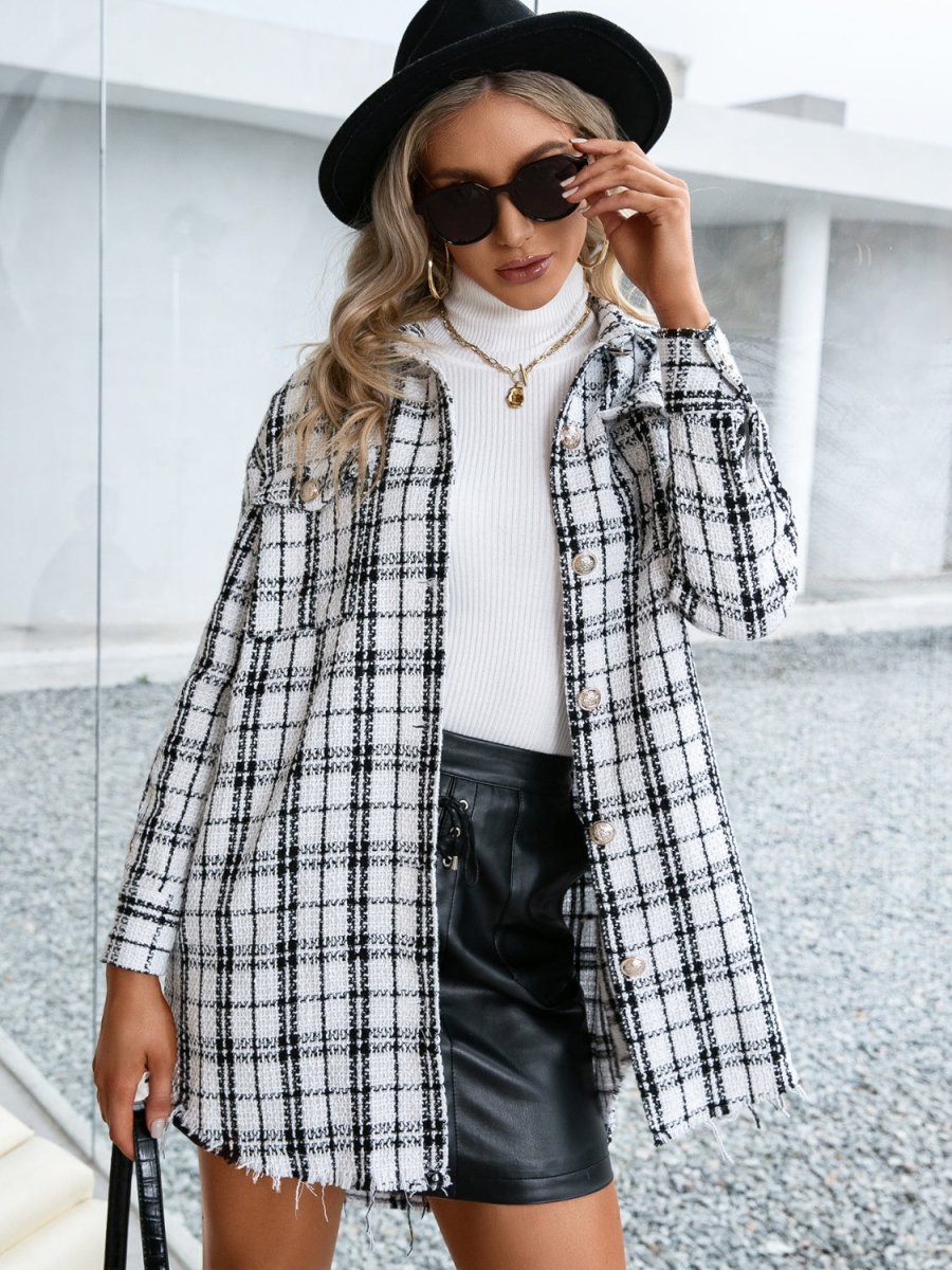 Ivy Lane Plaid Pocketed Button Up Dropped Shoulder Jacket - Outerwear