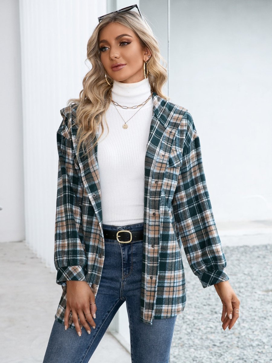 Ivy Lane Plaid Snap Down Hooded Jacket - Outerwear