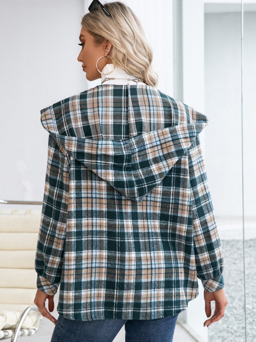Ivy Lane Plaid Snap Down Hooded Jacket - Outerwear