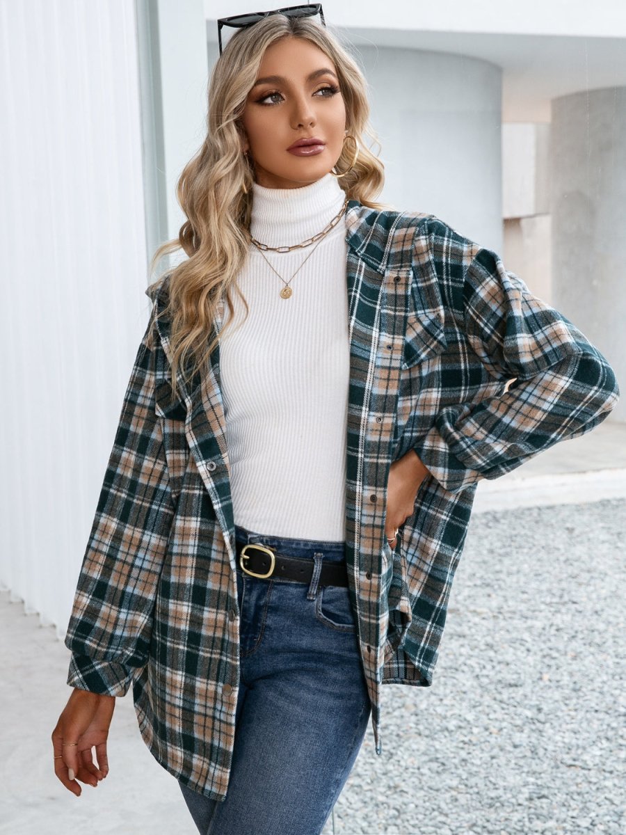 Ivy Lane Plaid Snap Down Hooded Jacket - Outerwear