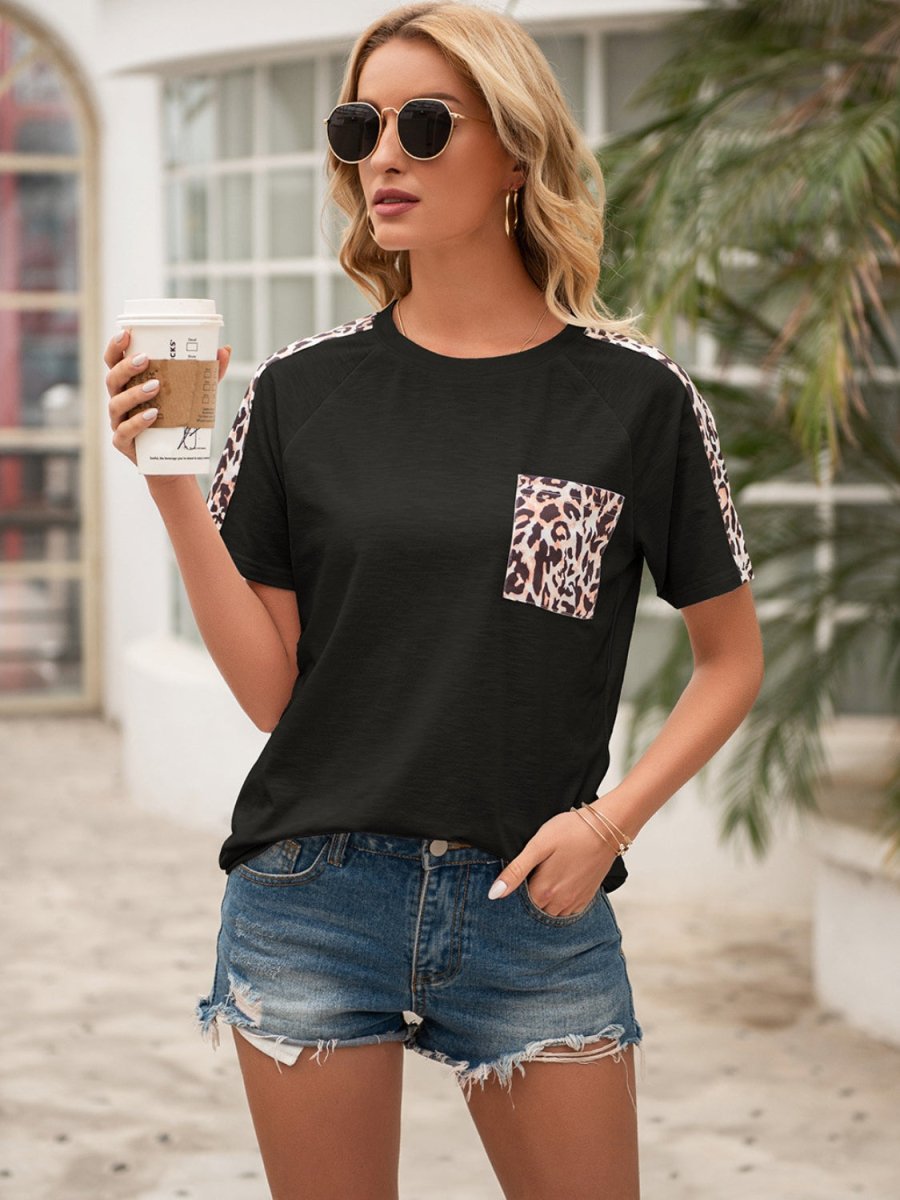 Ivy Lane Pocketed Leopard Round Neck Short Sleeve T-Shirt - Cocktail Dress
