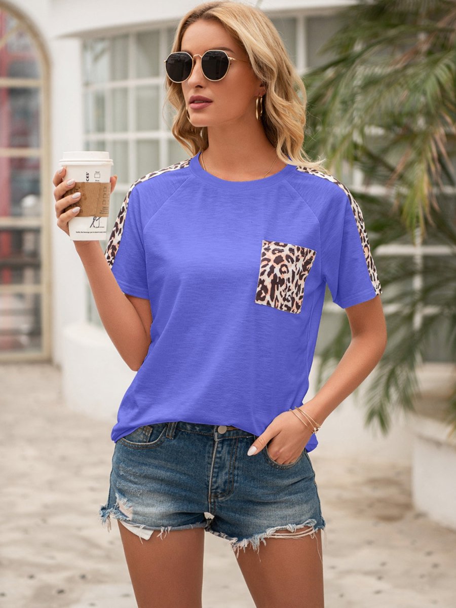Ivy Lane Pocketed Leopard Round Neck Short Sleeve T-Shirt - Cocktail Dress